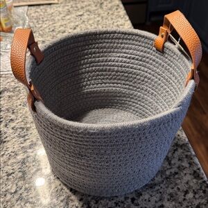 Gray Woven Basket with Tan Handles